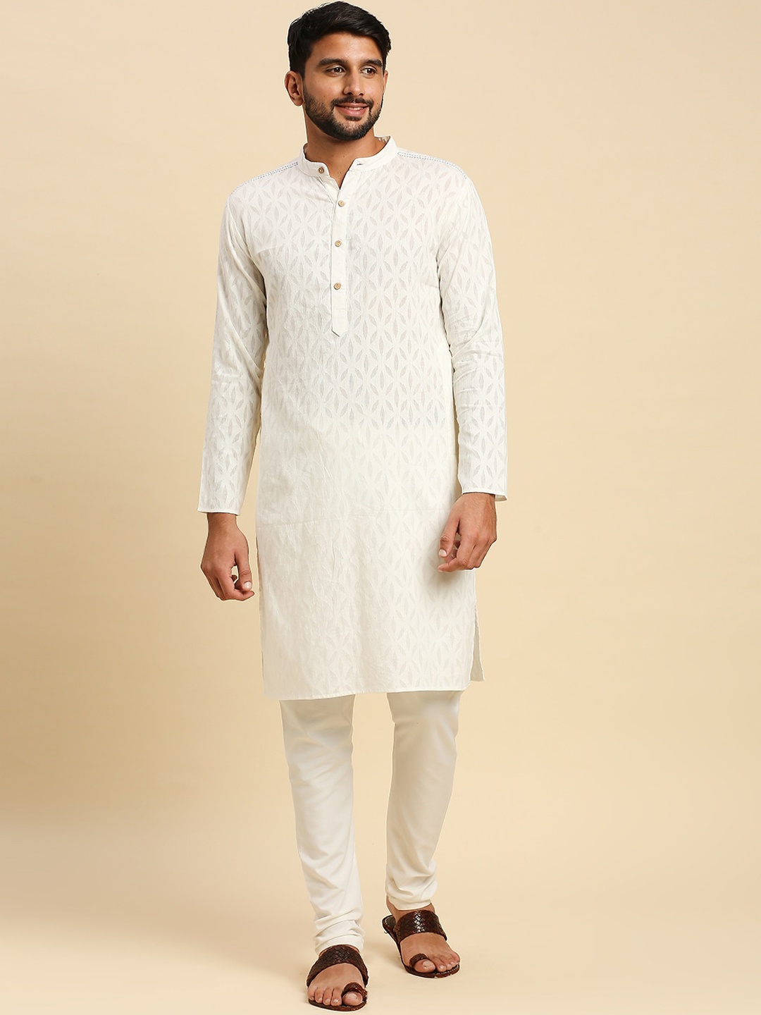 

Anubhutee Ethnic Motifs Band Collar Long Sleeve Cotton Jacquard Kurta, White