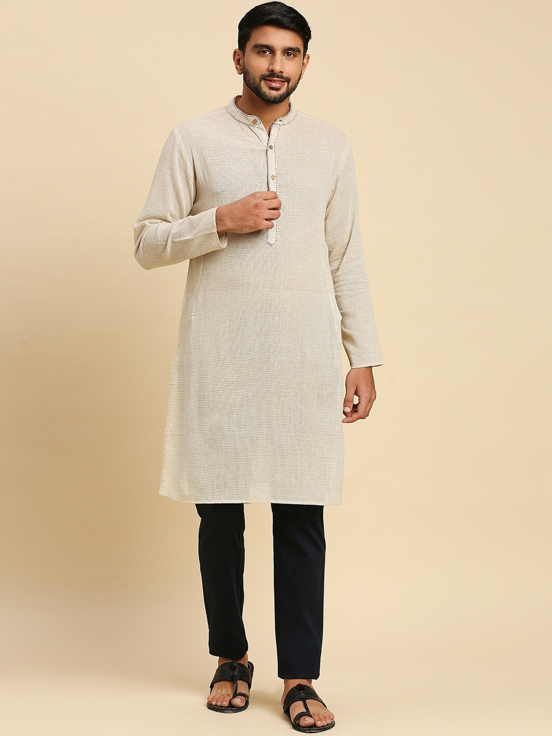 

Anubhutee Woven Design Band Collar Long Sleeve Cotton Kurta, Beige