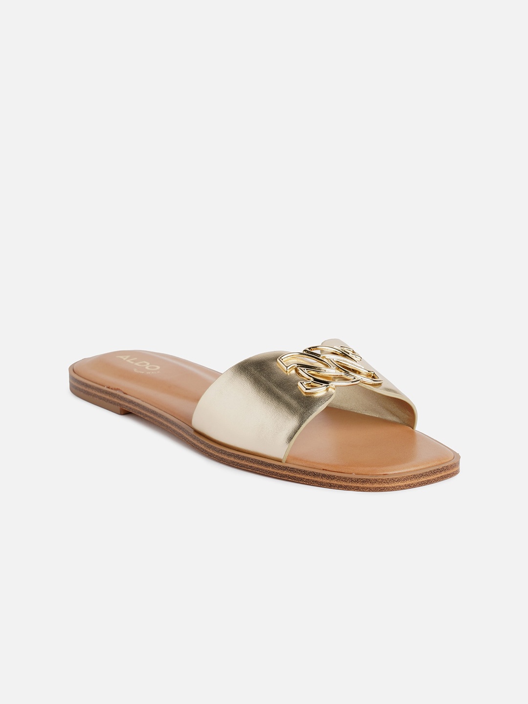 

ALDO Buckle Embellished Open Toe Flats, Gold