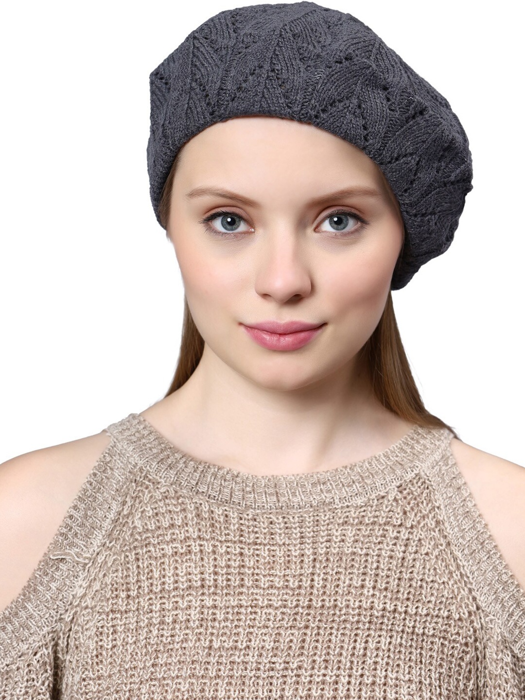

Bharatasya Women Pointelle Self Design Lightweight Knitted French Beret Hat, Grey