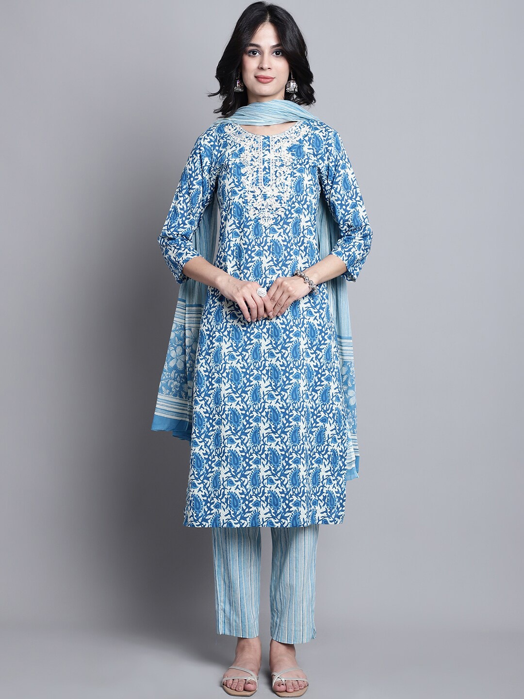 

KALINI Ethnic Motifs Printed Thread Work Pure Cotton Kurta with Trousers & With Dupatta, Blue