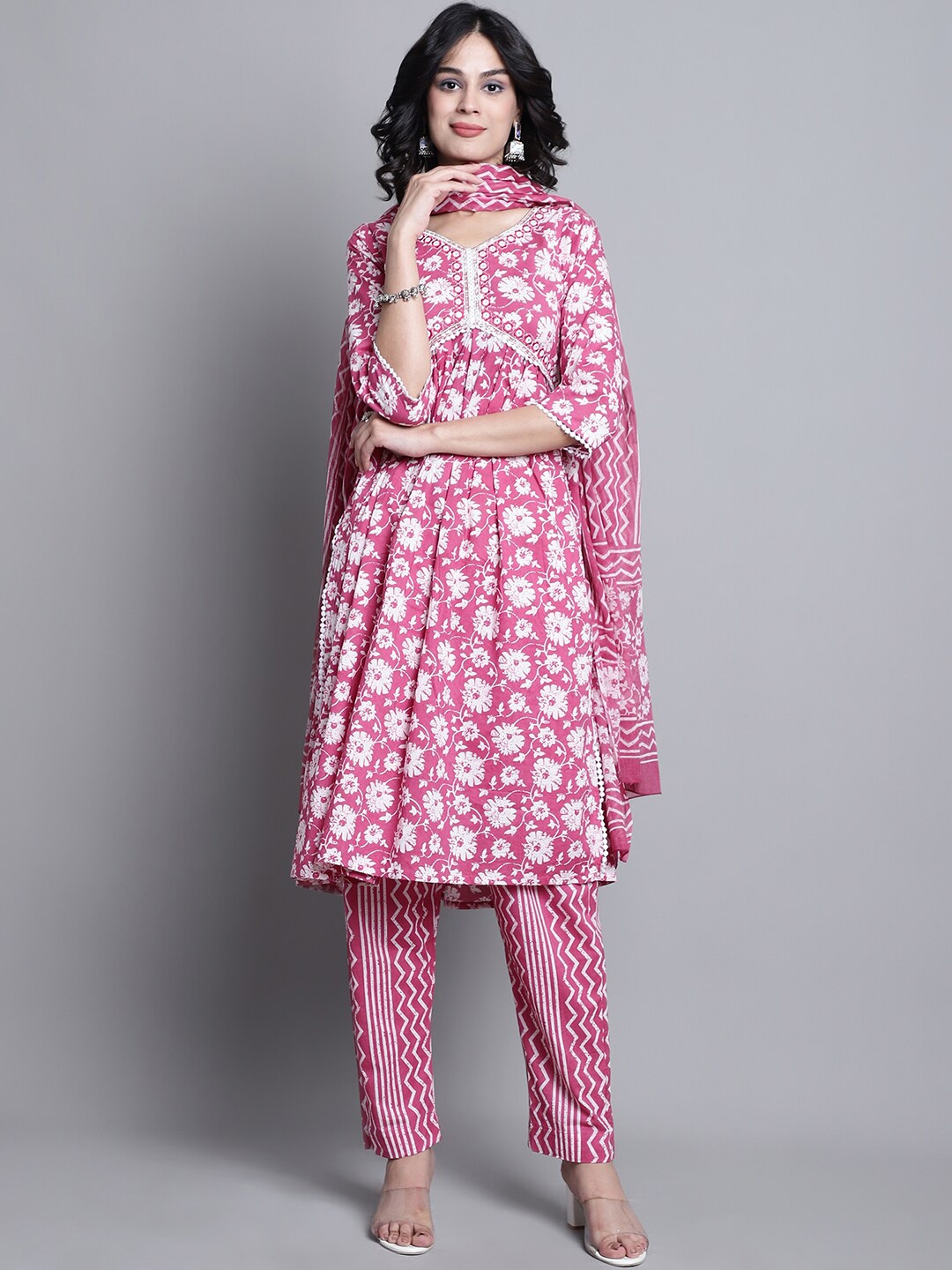 

KALINI Floral Printed Empire Pure Cotton A-Line Kurta & Trousers With Dupatta, Pink