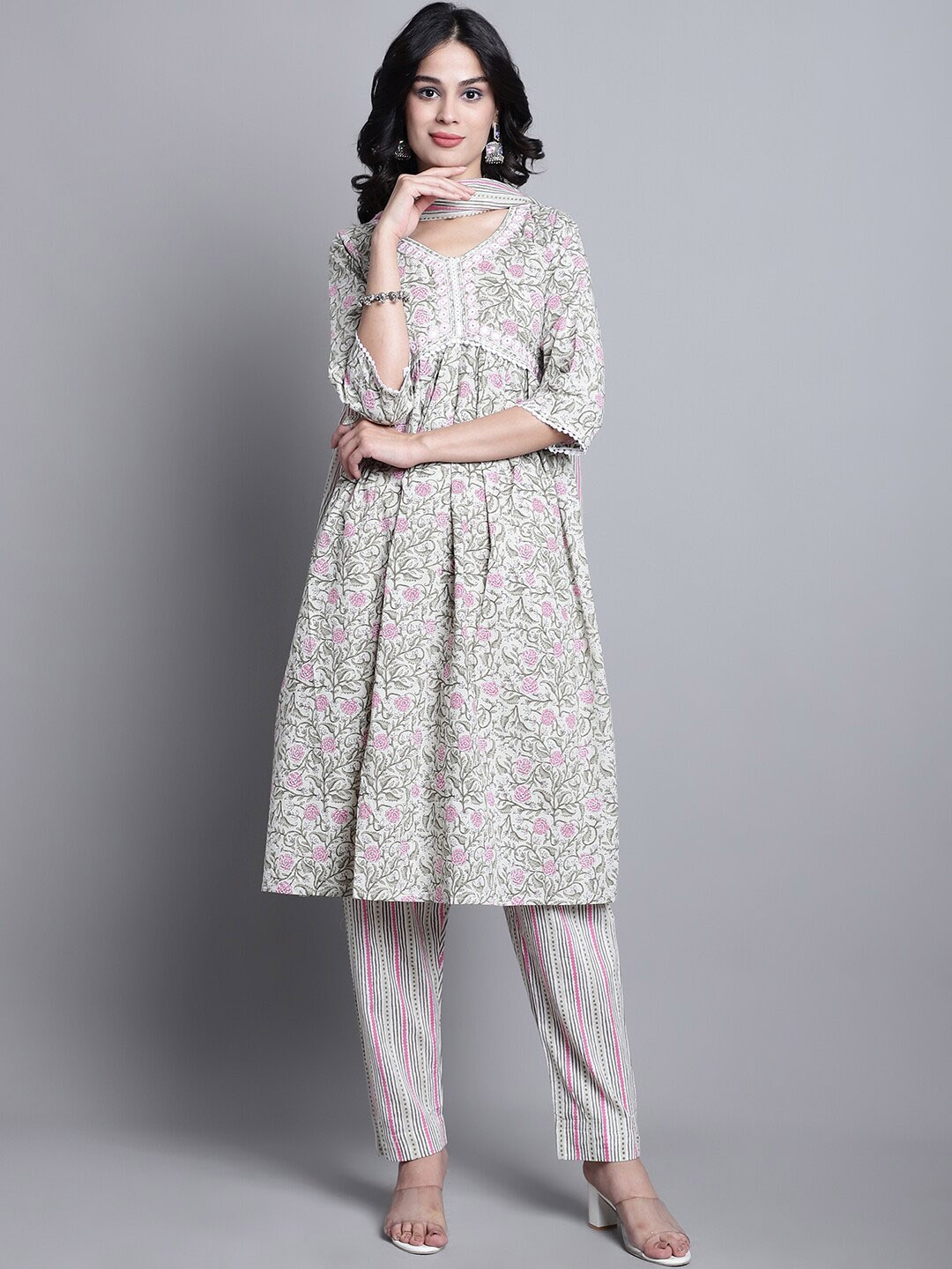 

KALINI Floral Printed Empire Pure Cotton A-Line Kurta & Trousers With Dupatta, White