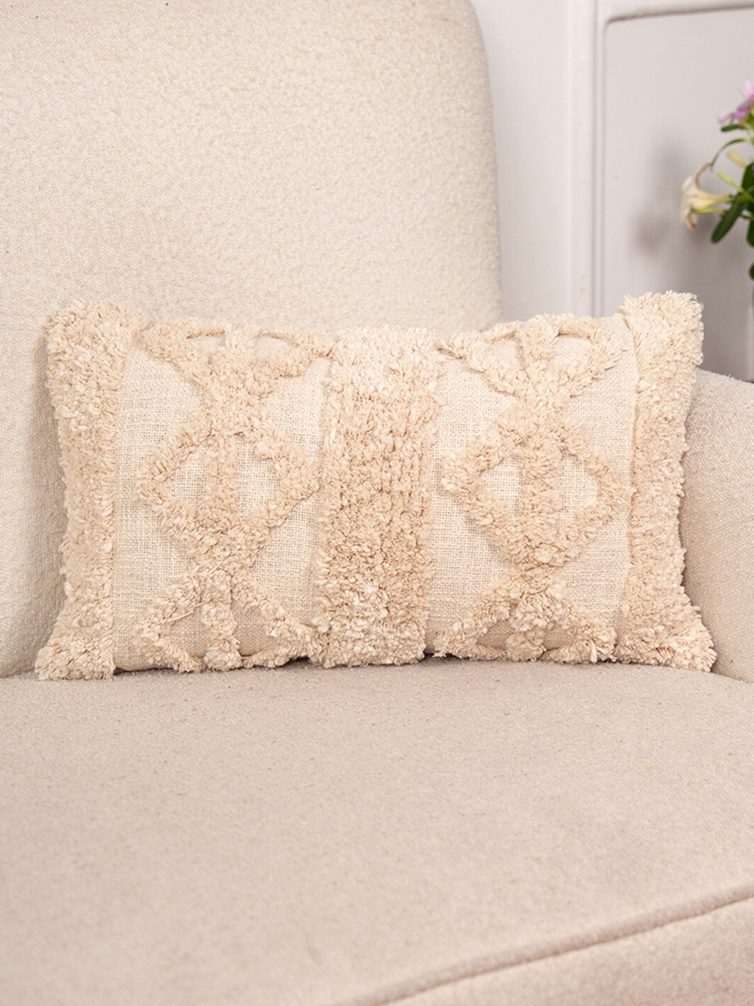 

Art Avenue Off White Self Design Cotton Rectangle Cushion Cover, Cream