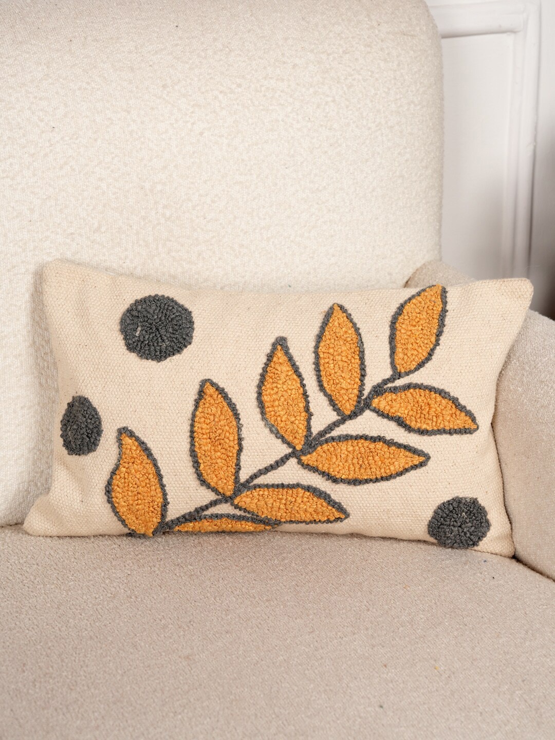 

Art Avenue Beige & Mustard Self Design Cotton Rectangle Cushion Cover