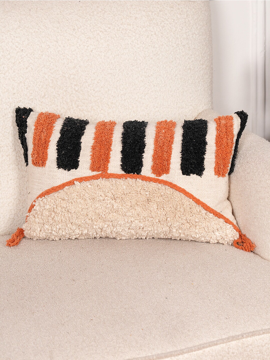 

Art Avenue Cream-Coloured & Orange Self Design Cotton Rectangle Cushion Cover