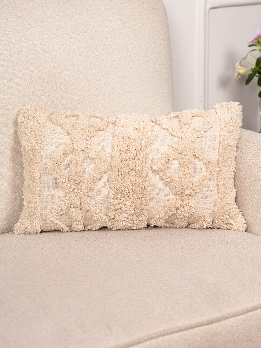 

Art Avenue Cream-Coloured Self Design Cotton Rectangle Cushion Cover