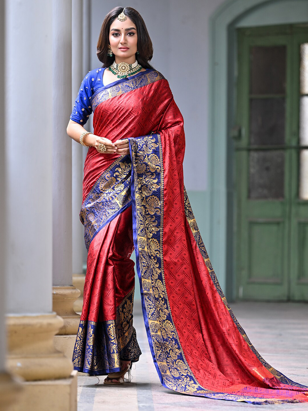 

Anouk Red & Blue Woven Design Zari Detailed Art Silk Kanjeevaram Saree