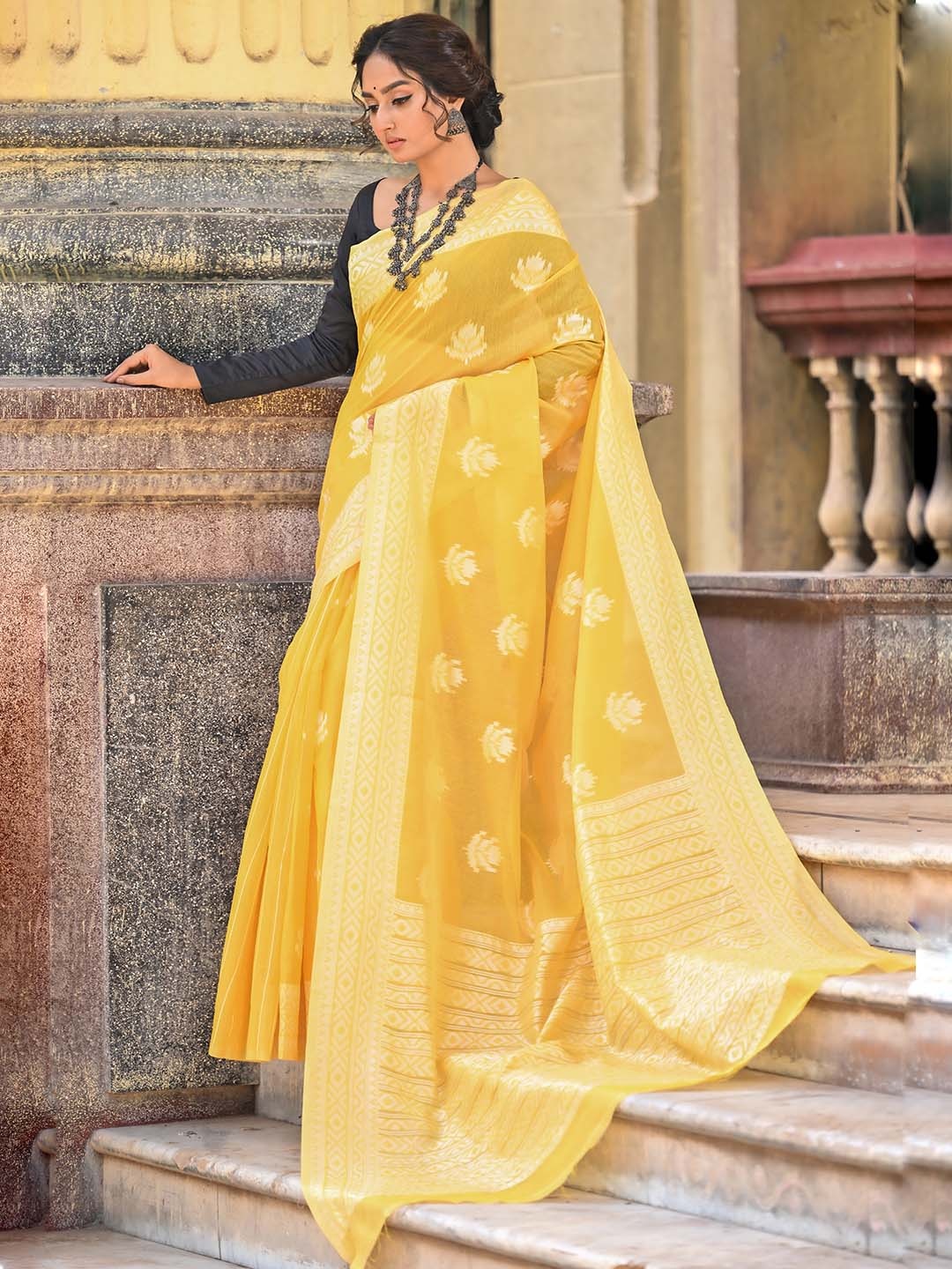 

Anouk Ethnic Motifs Woven Design Zari Art Silk Chanderi Saree, Yellow