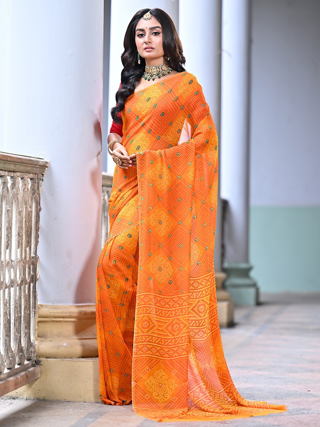 

Anouk Rustic Yellow & Green Ethnic Motifs Printed Art Silk Saree