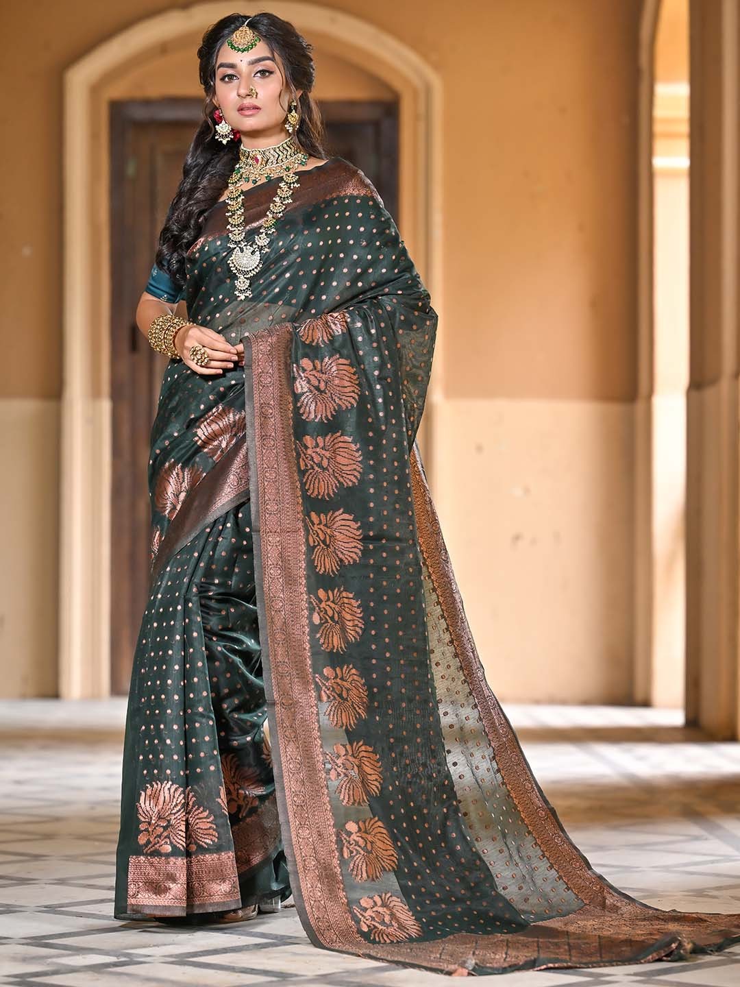 

Anouk Ethnic Motifs Woven Design Zari Art Silk Chanderi Saree, Green