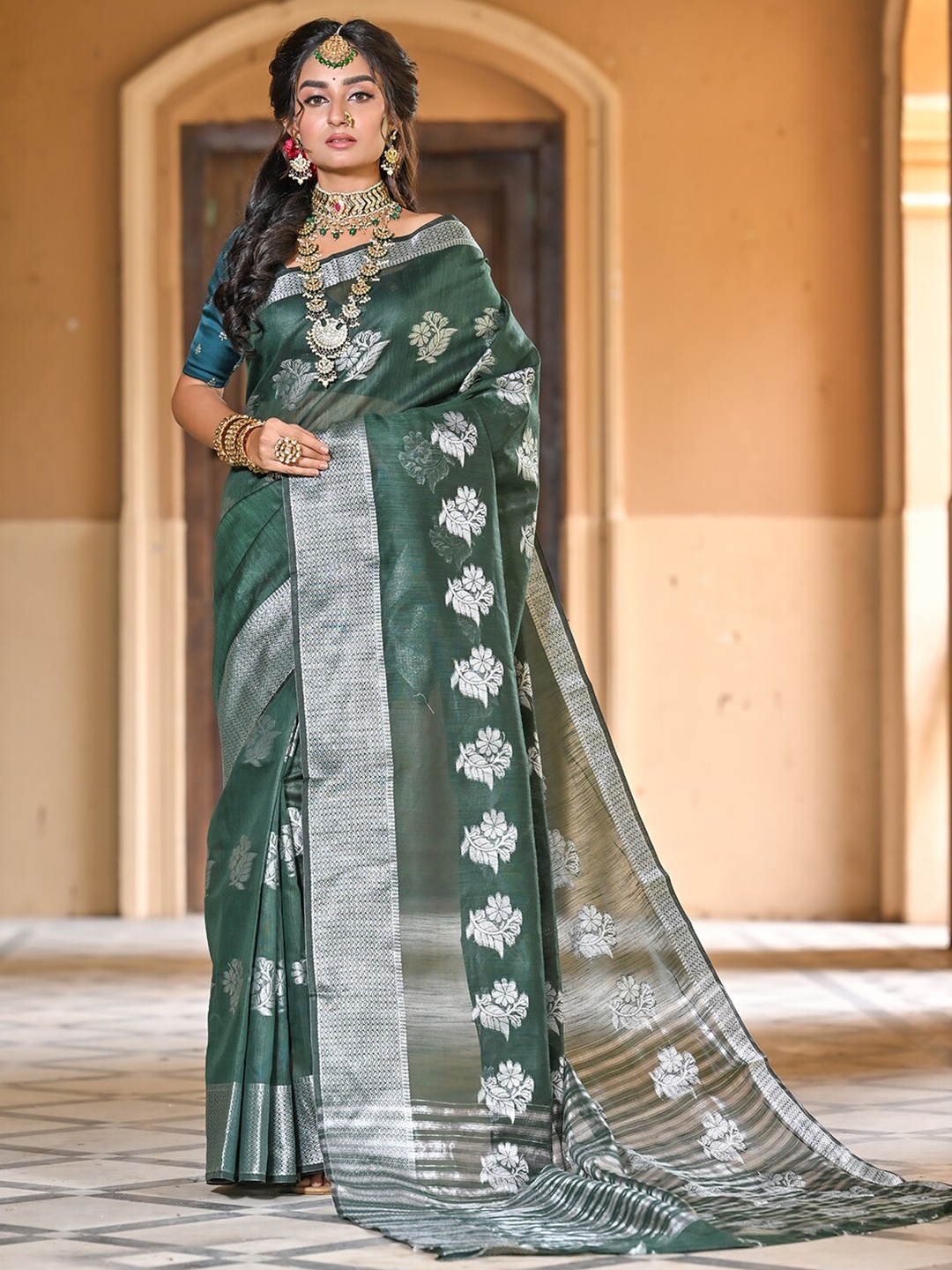 

Anouk Green & Silver-Toned Woven Design Zari Detailed Organza Saree