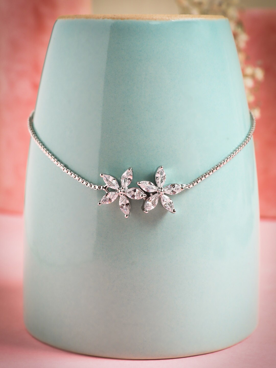 

AccessHer Women Silver Plated American Diamond Studded Link Bracelet