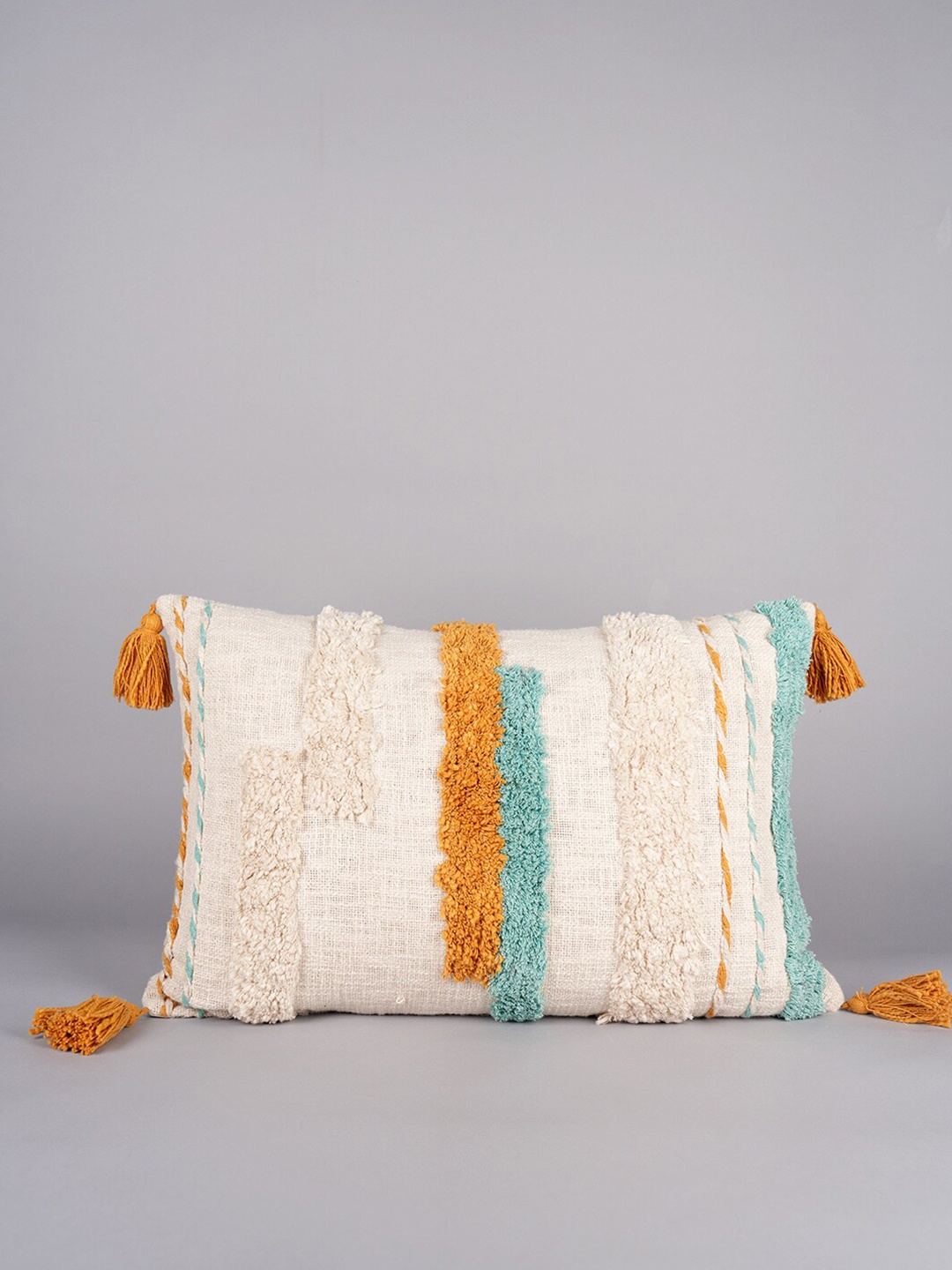 

Art Avenue Cream-Coloured & Mustard Self Design Cotton Rectangle Cushion Cover