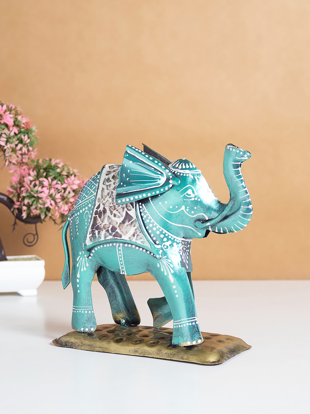 

Golden Peacock Blue Elephant Metal Figurine Showpiece