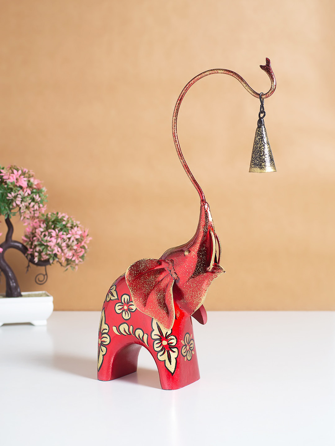 

Golden Peacock Red Elephant Metal Figurine Showpiece