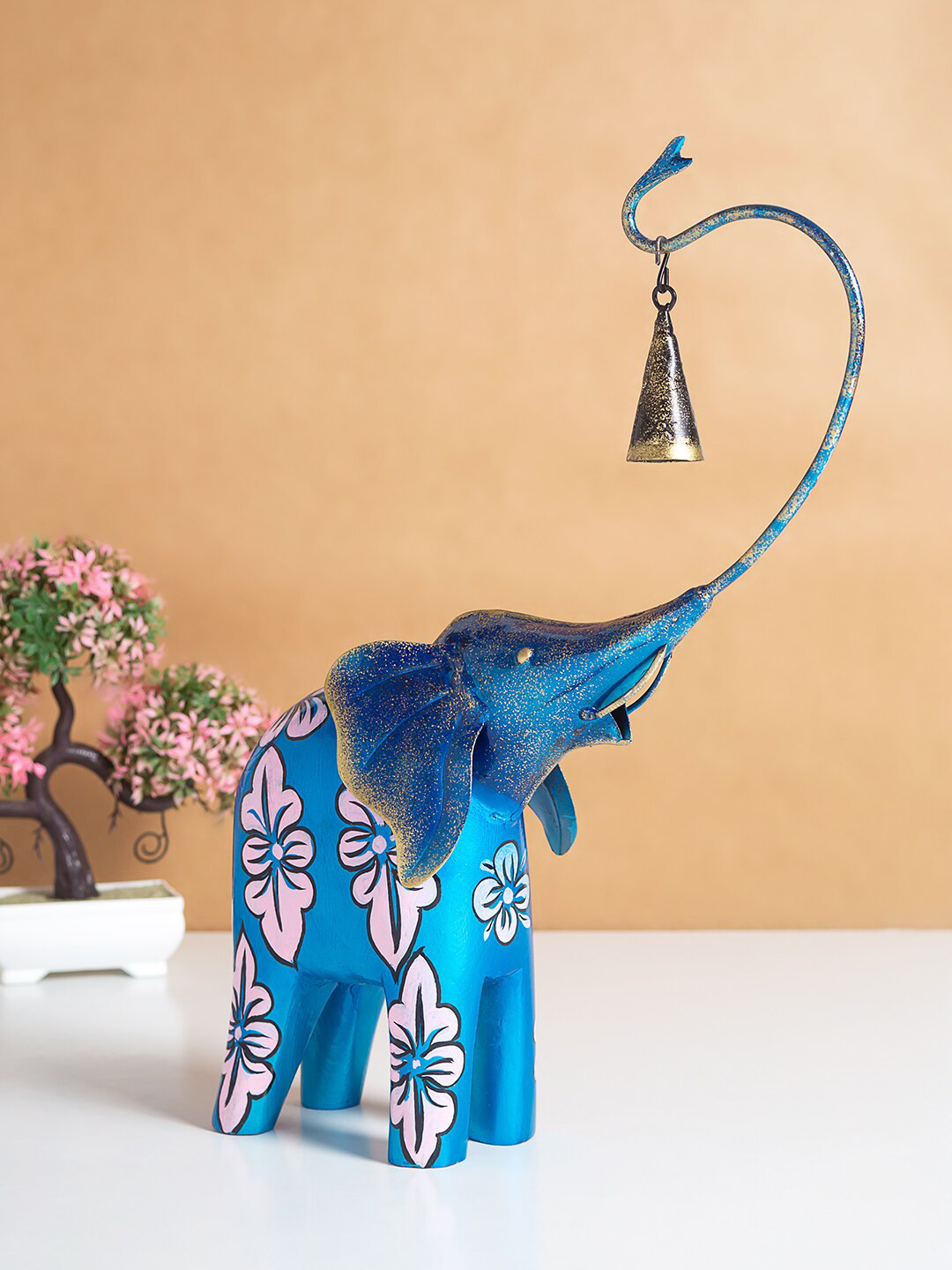 

Golden Peacock Blue Printed Elephant Metal Figurine Showpiece