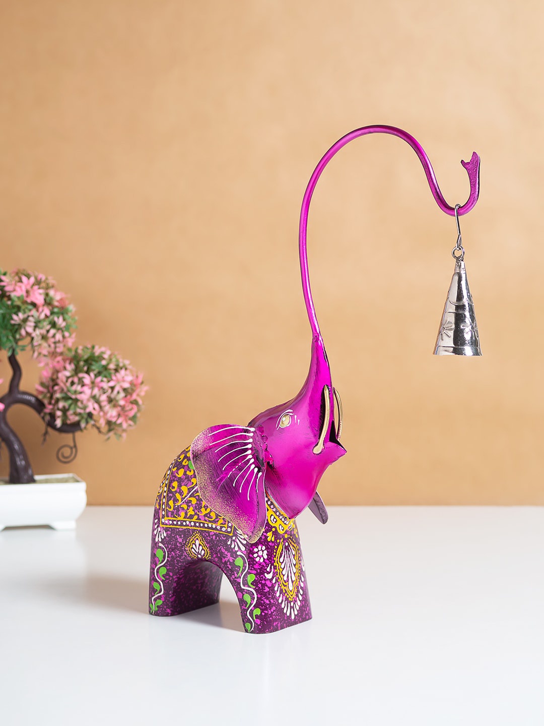 

Golden Peacock Purple Printed Elephant Metal Figurine Showpiece
