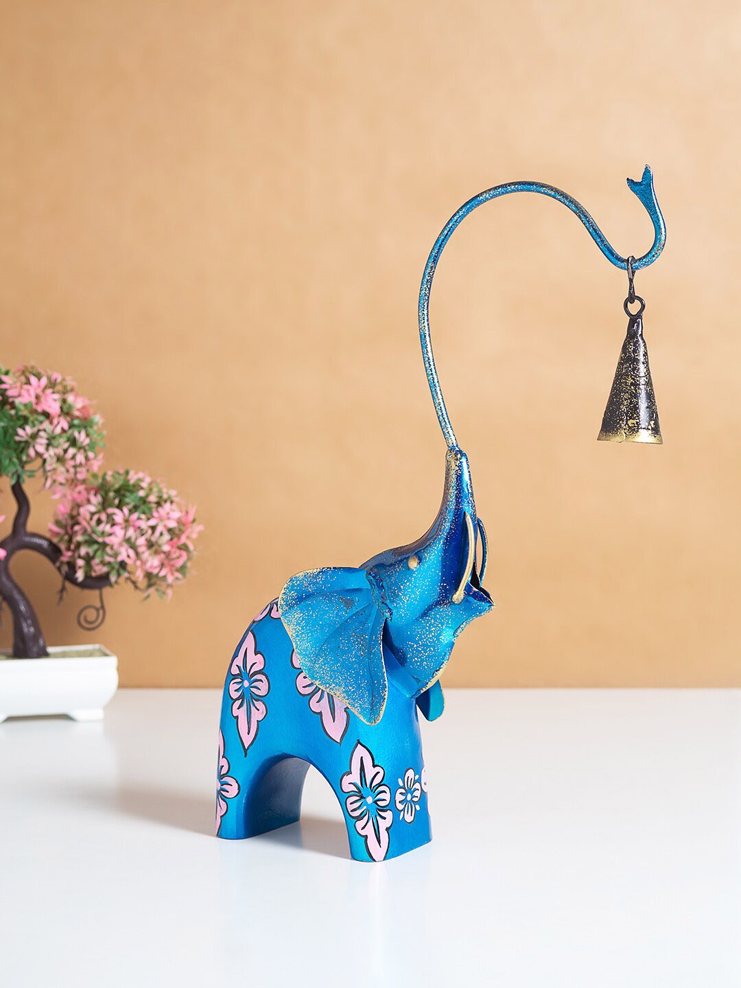 

Golden Peacock Blue Printed Elephant Metal Figurine Showpiece