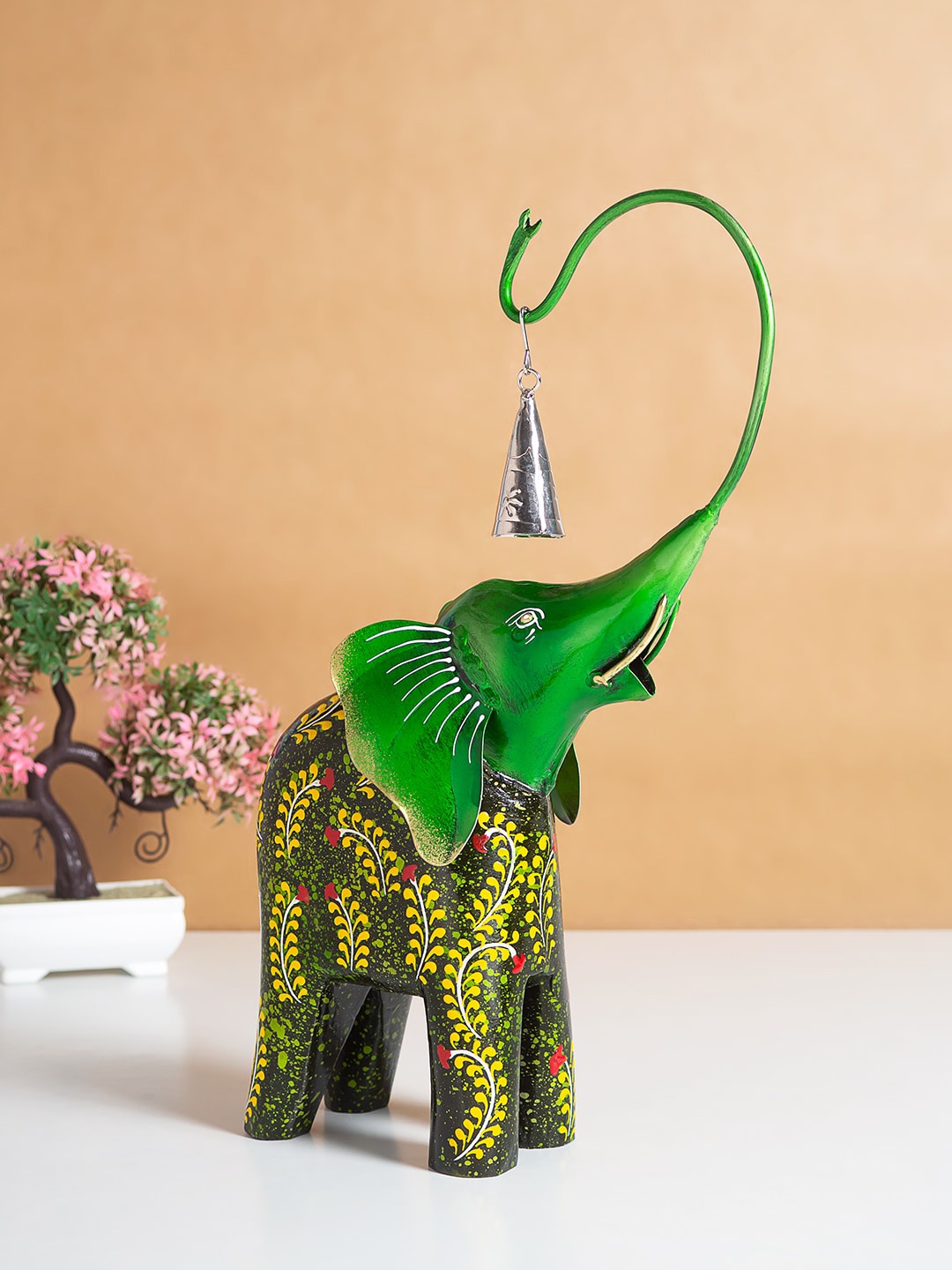 

Golden Peacock Green Elephant Metal Figurine Showpiece
