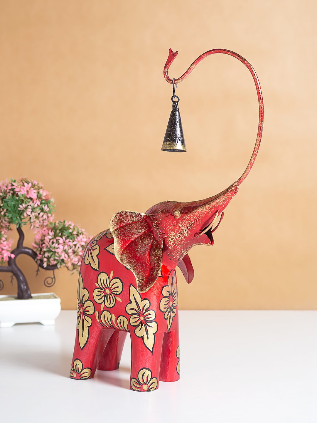 

Golden Peacock Red Printed Elephant Metal Figurine Showpiece
