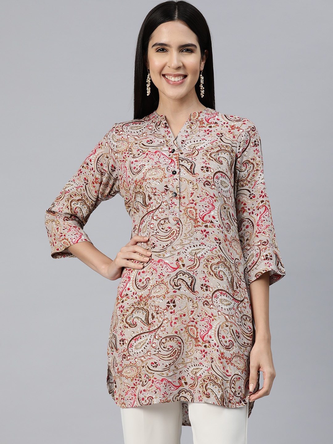 

Ayaany Ethnic Print Mandarin Collar Ethnic Tunic, Beige