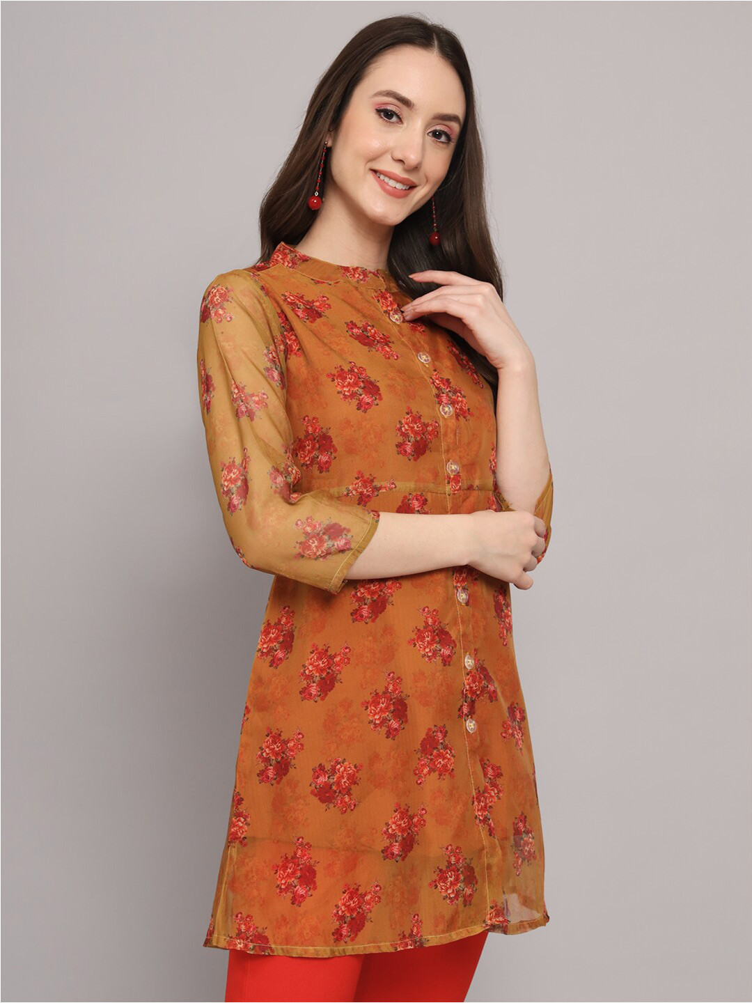 

Sangria Mustard Yellow & Red Floral Printed Straight Organza Short Kurti