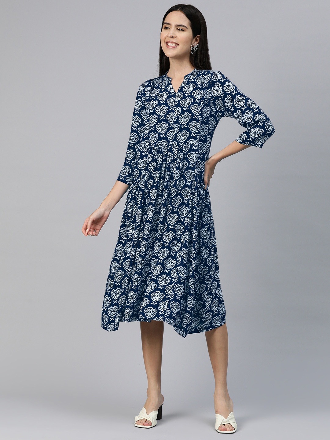 

Ayaany Abstract Print Mandarin Collar A-Line Midi Dress, Blue