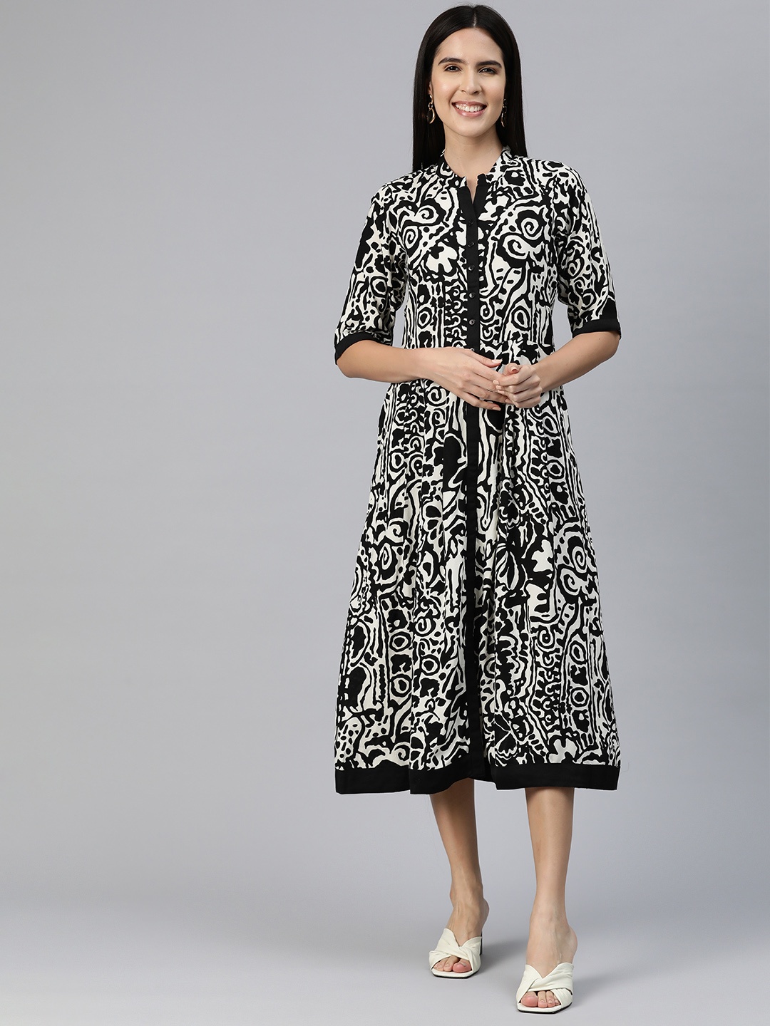 

Ayaany Abstract Print Mandarin Collar A-Line Midi Dress, Black