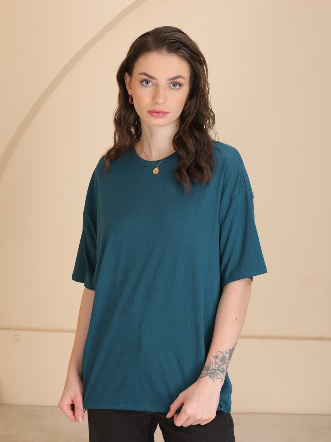 

TITTLI Round Neck Drop-Shoulder Sleeves Pure Cotton Boxy Fit T-shirt, Teal