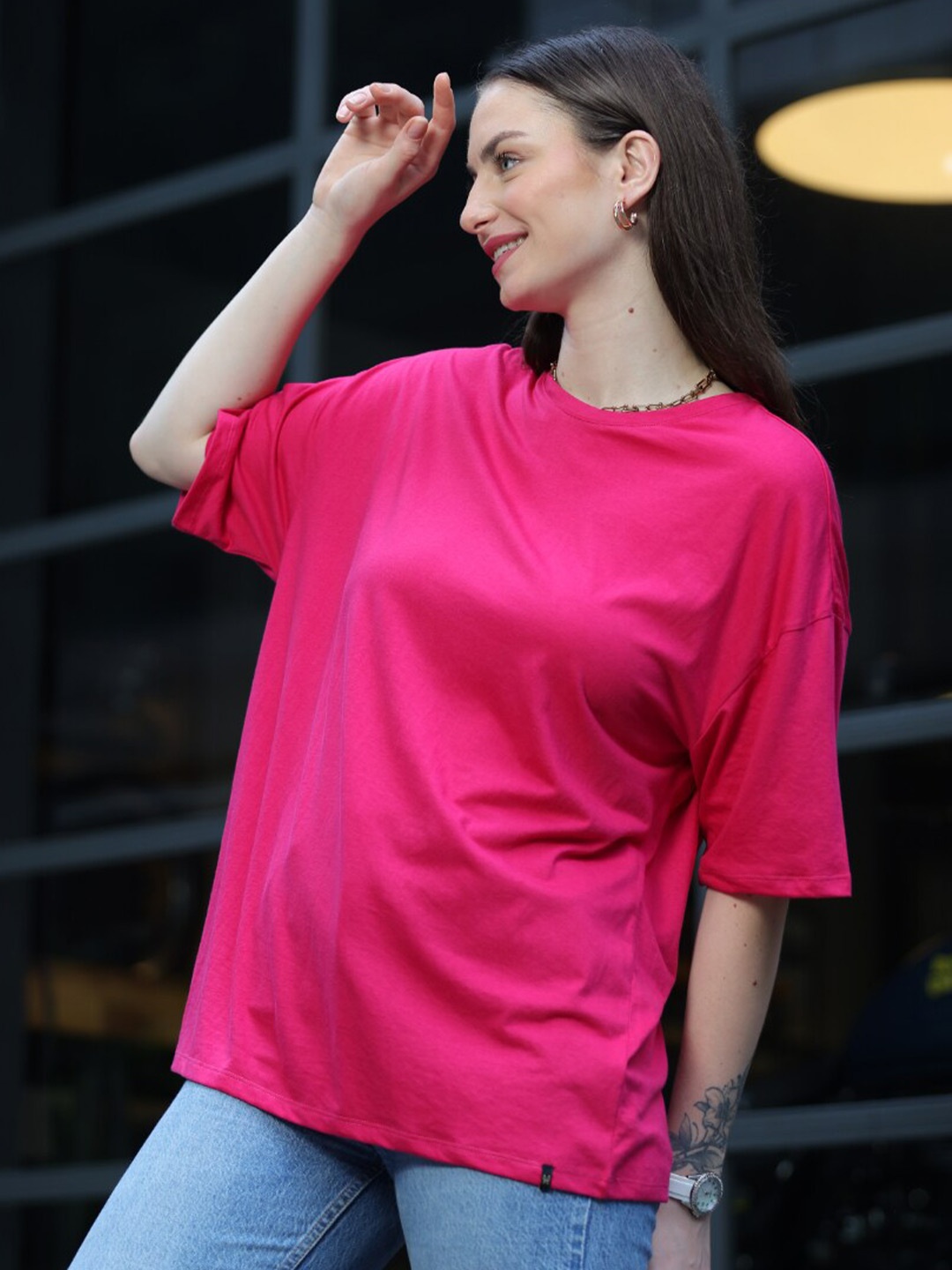 

TITTLI Drop Shoulder Sleeves Pure Cotton Oversized T-shirt, Pink