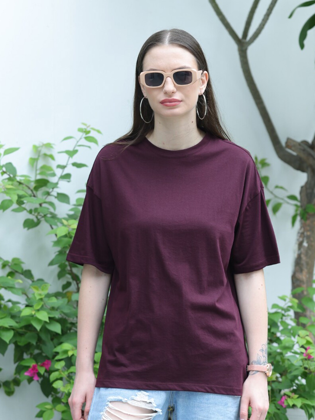 

TITTLI Drop Shoulder Sleeves Pure Cotton Oversized T-shirt, Maroon