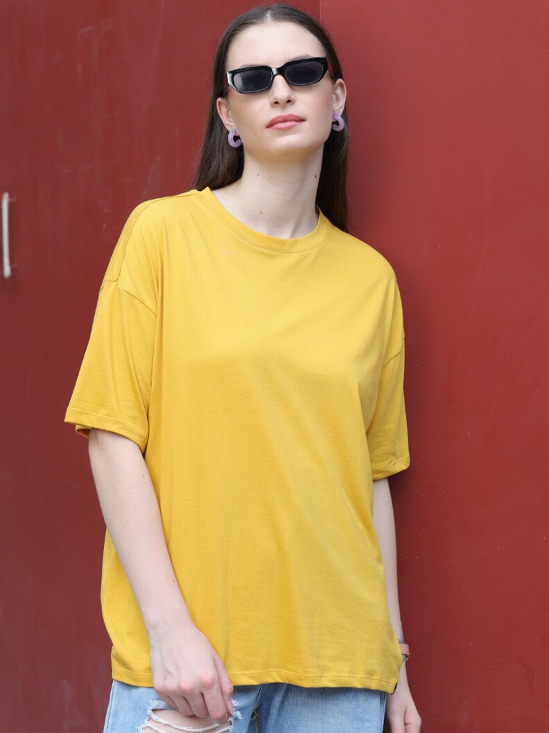 

TITTLI Drop Shoulder Sleeves Pure Cotton Oversized T-shirt, Yellow