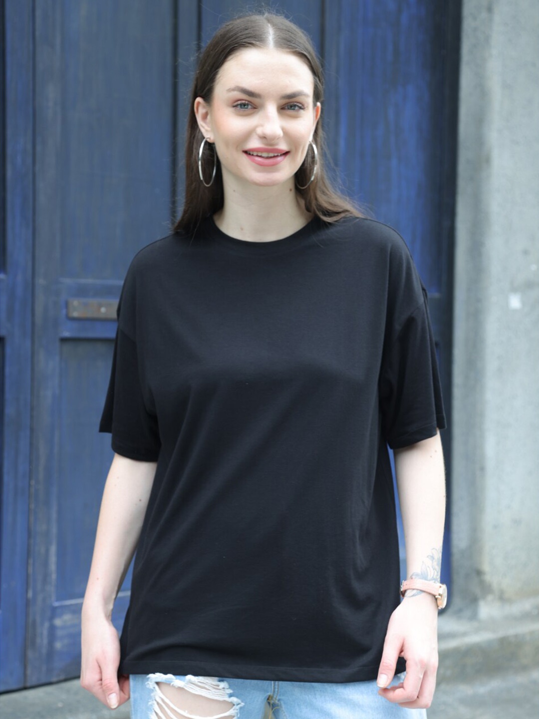 

TITTLI Drop Shoulder Sleeves Pure Cotton Oversized T-shirt, Black
