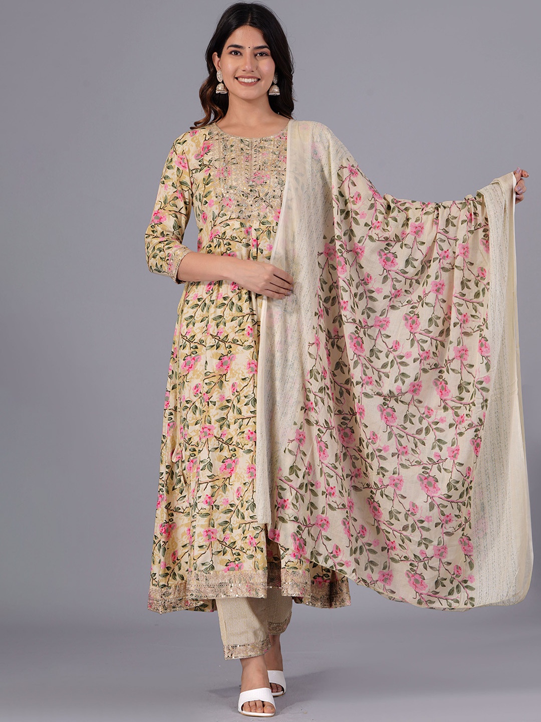

DORIYA Floral Printed Kurta With Palazzos & Dupatta, Yellow