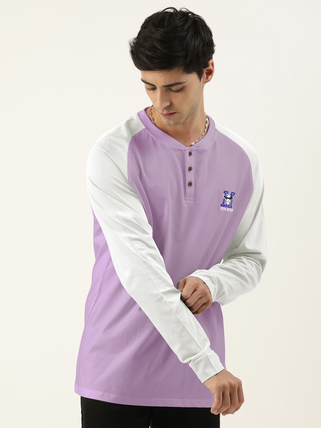 

Maniac Henley Neck Raglan Sleeves Pure Cotton Oversized T-shirt, Purple