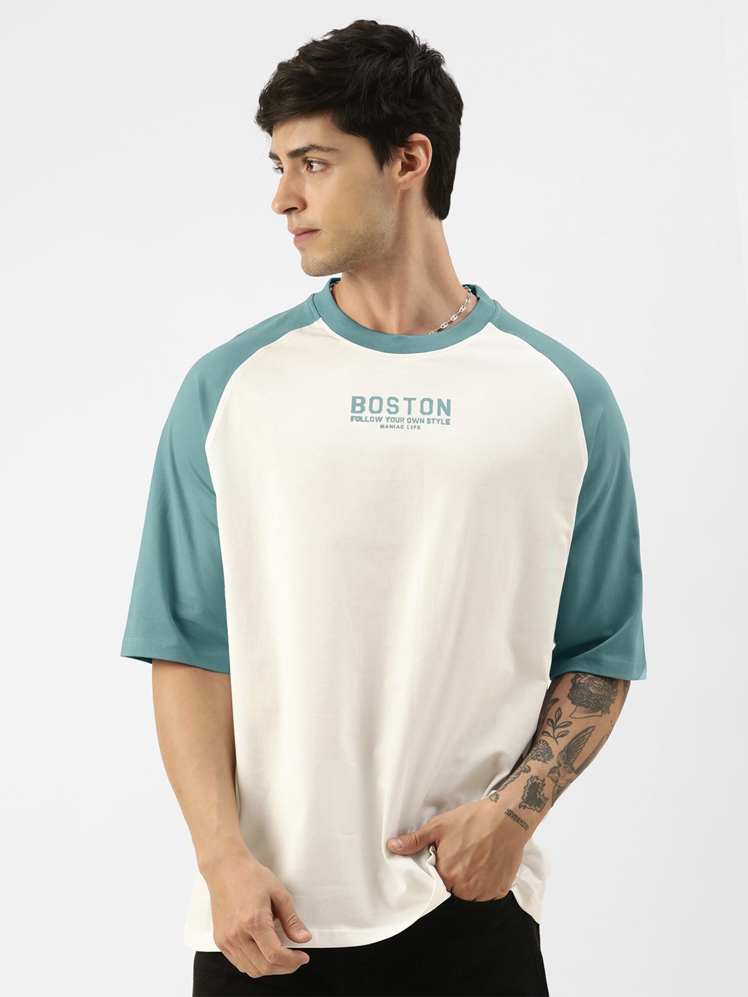

Maniac Colourblocked Raglan Sleeves Pure Cotton T-Shirt, White