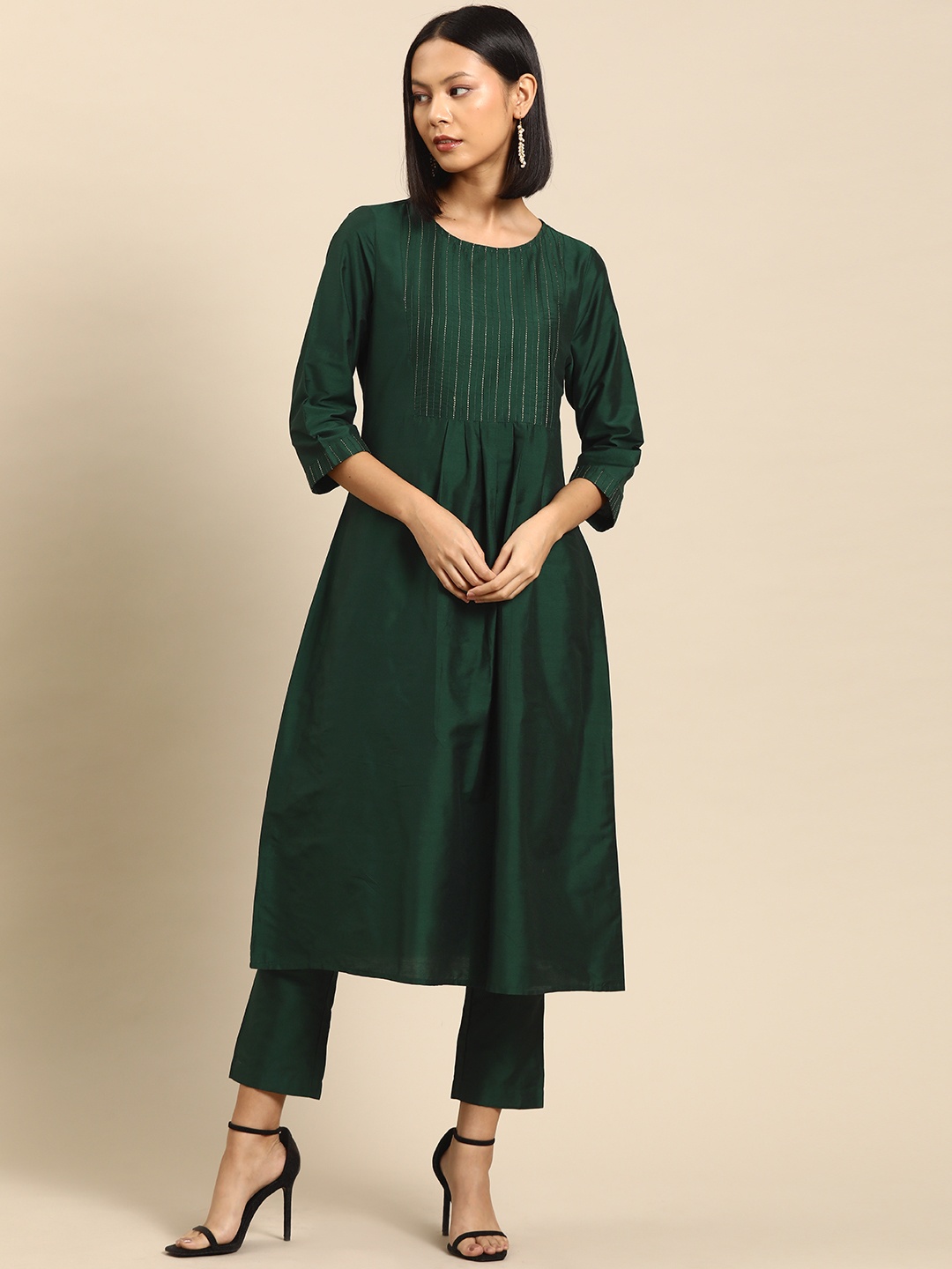 

all about you Embroidered Pleated Kurta with Trousers, Green