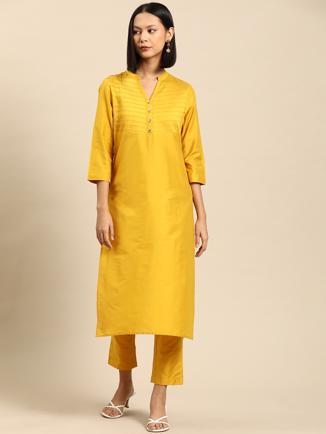 

all about you Regular Mandarin Collar Kurta with Trousers, Yellow