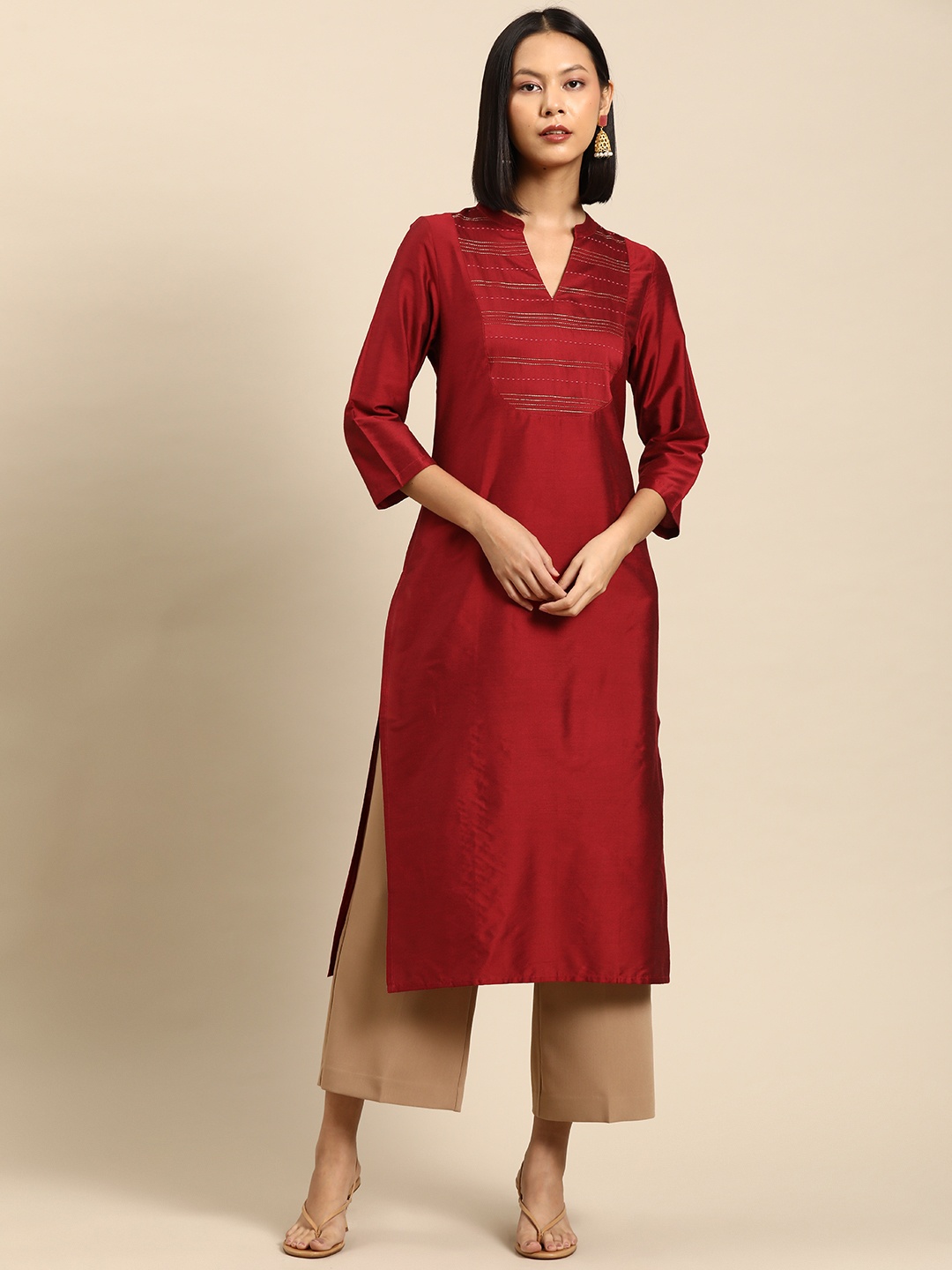 

all about you Striped Embroidered Kantha Work Mandarin Collar Kurta, Red