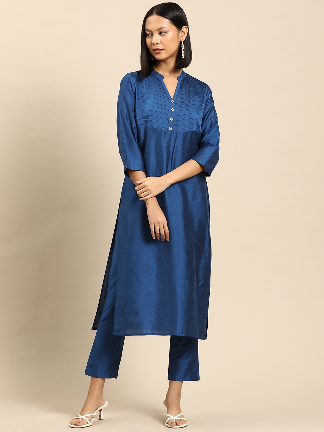 

all about you Mandarin Collar Kurta with Trousers, Navy blue