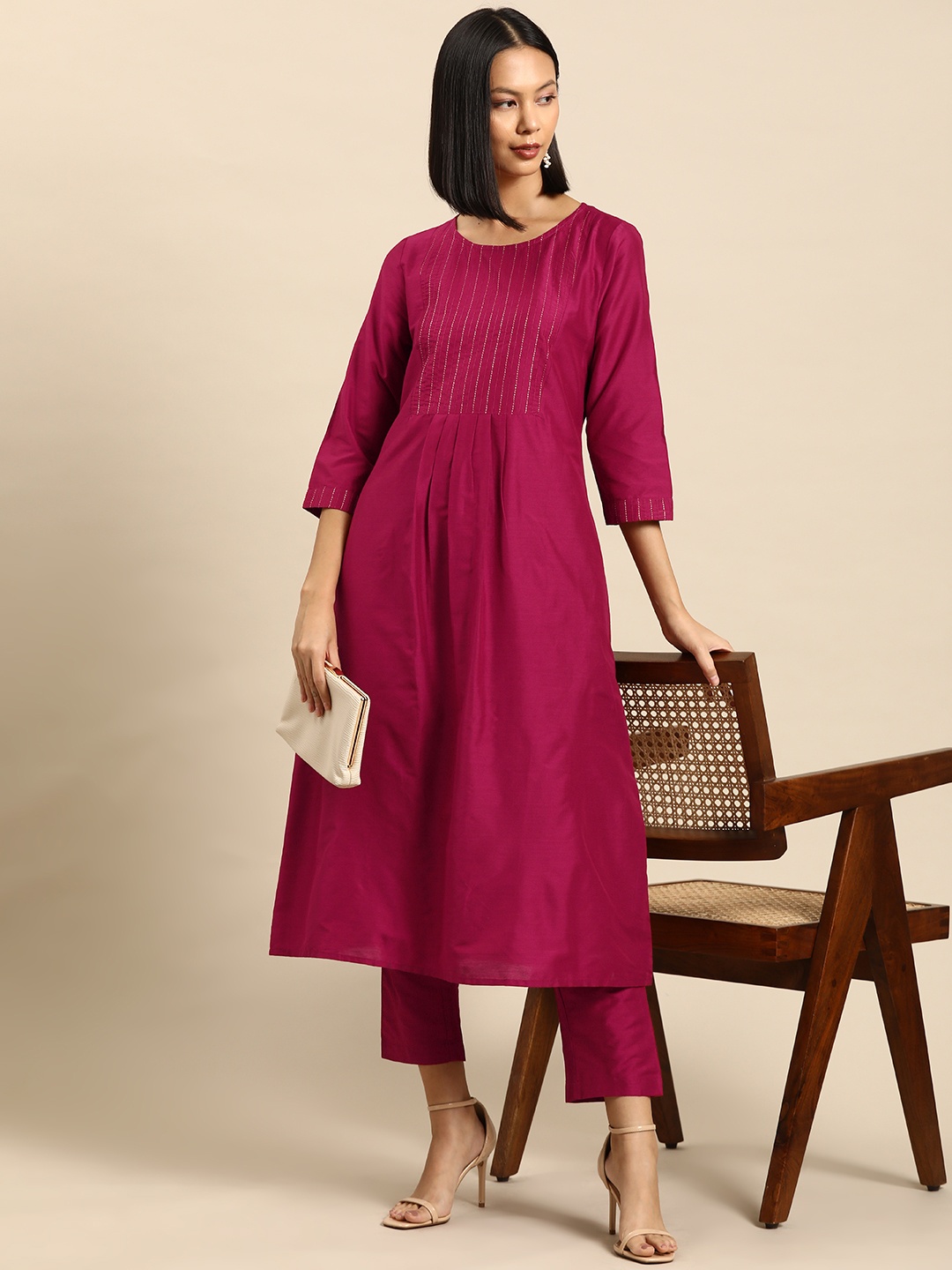 

all about you Embroidered Pleated Kurta with Trousers, Red