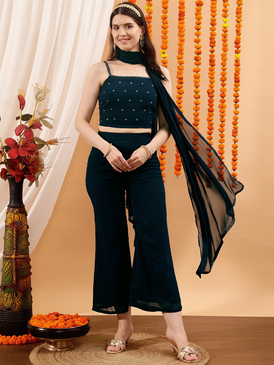

indo street Embellished Crop Top & Pant Co-Ord Set, Green