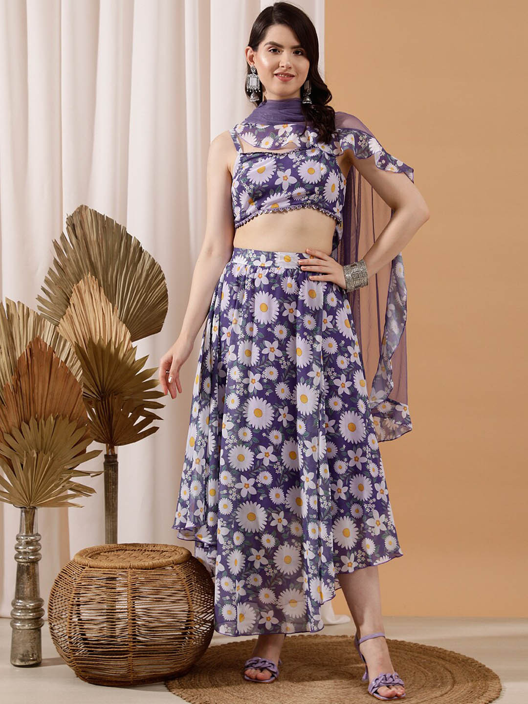 

indo street Floral Printed Crop Top & Skirt, Lavender