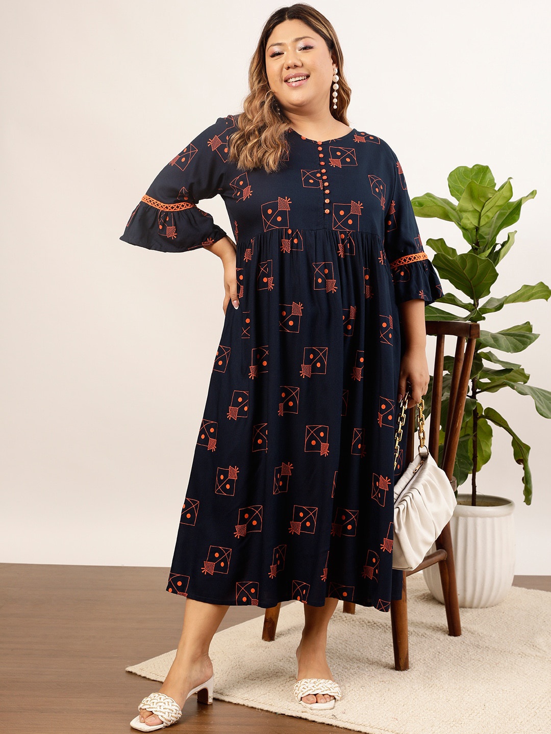 

indo street Women Navy Blue Printed A-Line Midi Dress