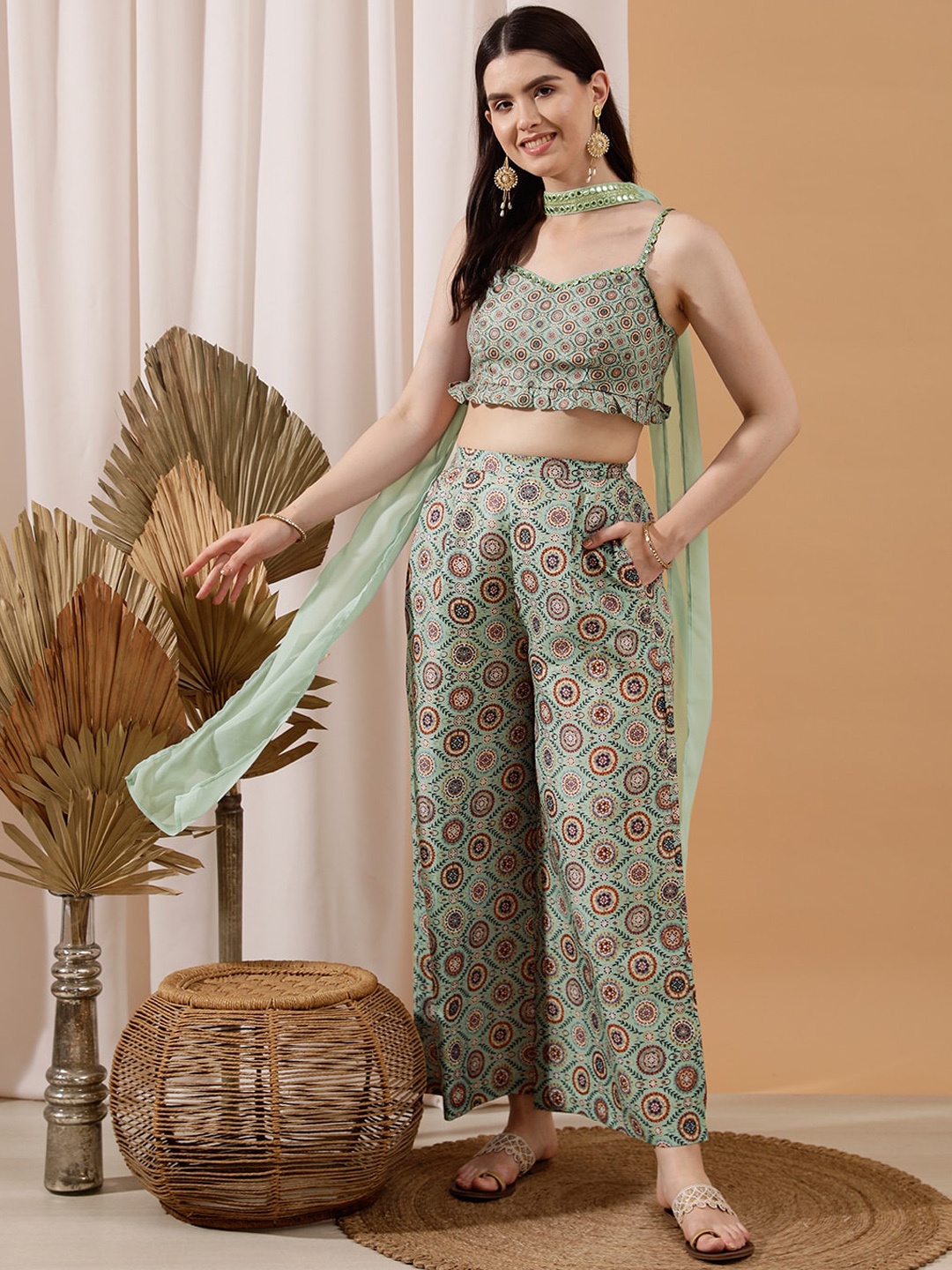 

indo street Printed Crop Top & Palazzo, Green