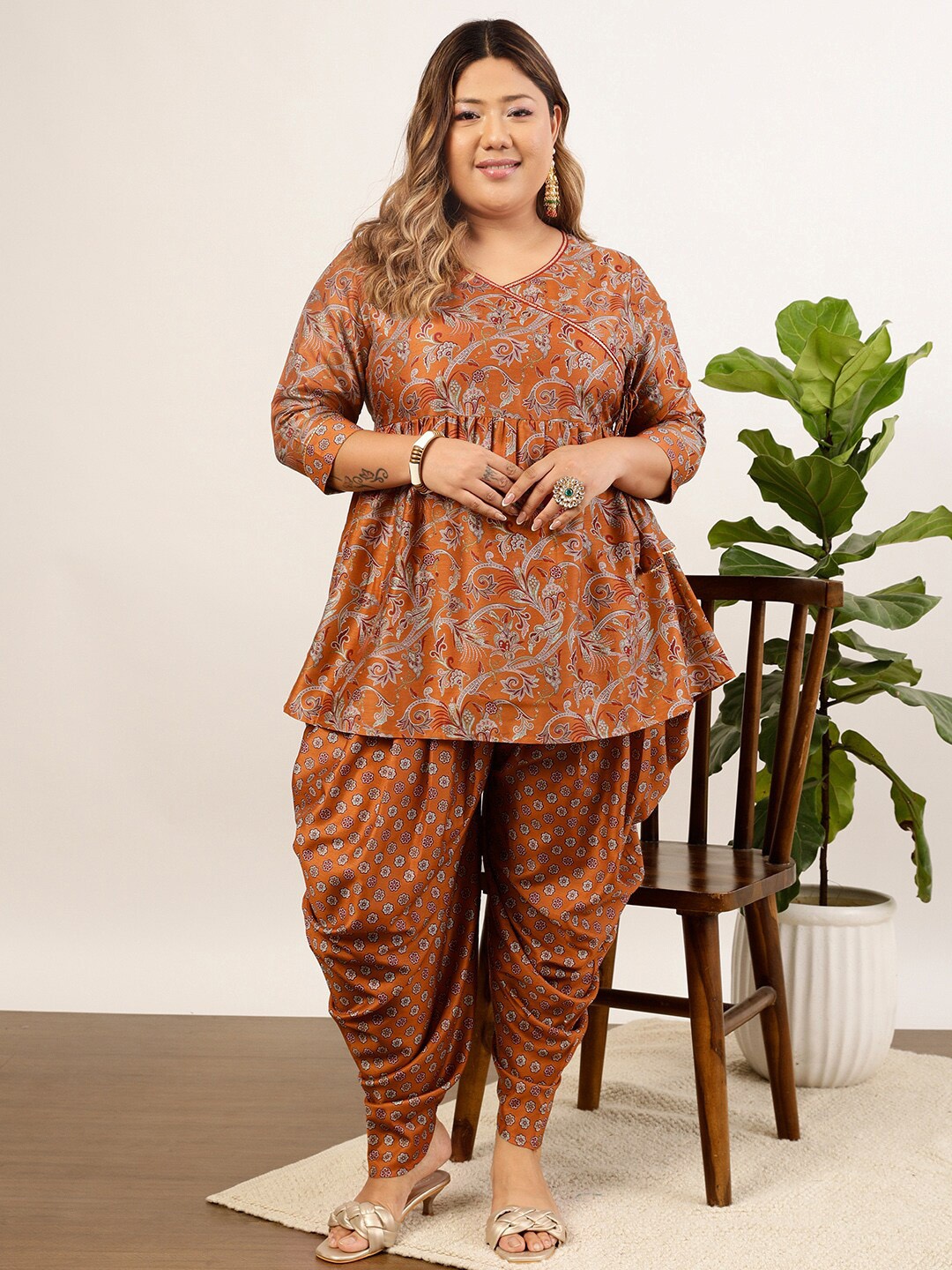 

indo street Plus Size Floral Printed Angrakha Kurti with Dhoti Pants, Rust