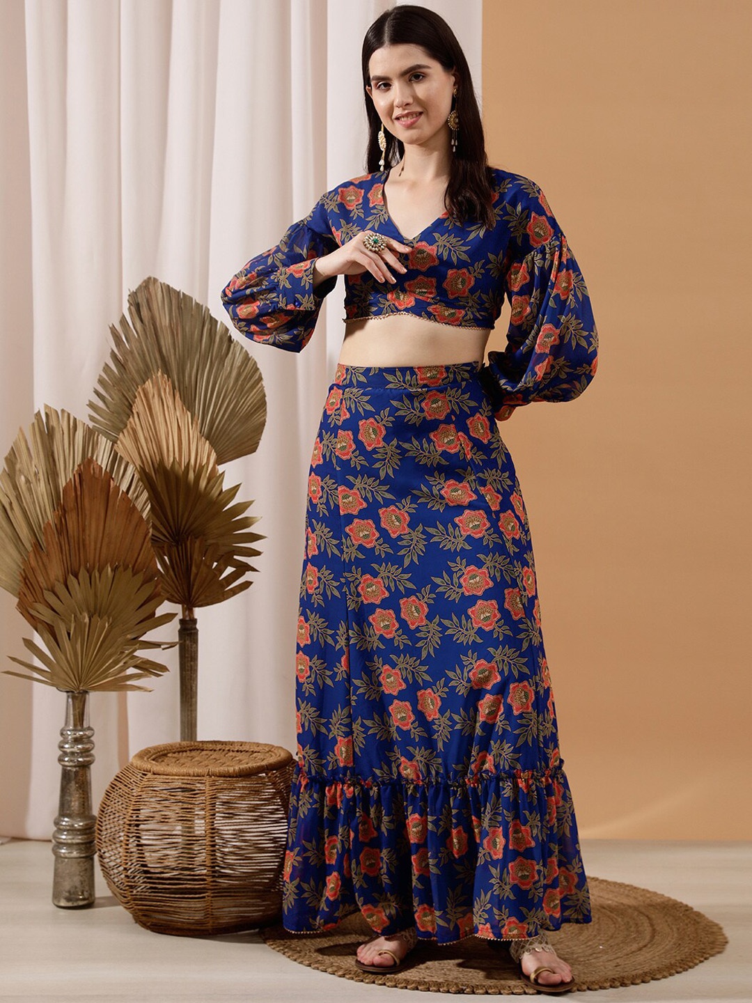 

indo street Floral Printed Top & Skirt, Blue
