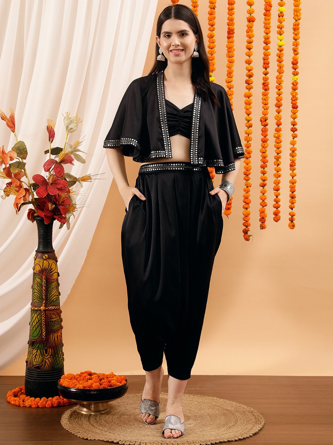 

indo street Embellished Top & Dhoti Pant, Black