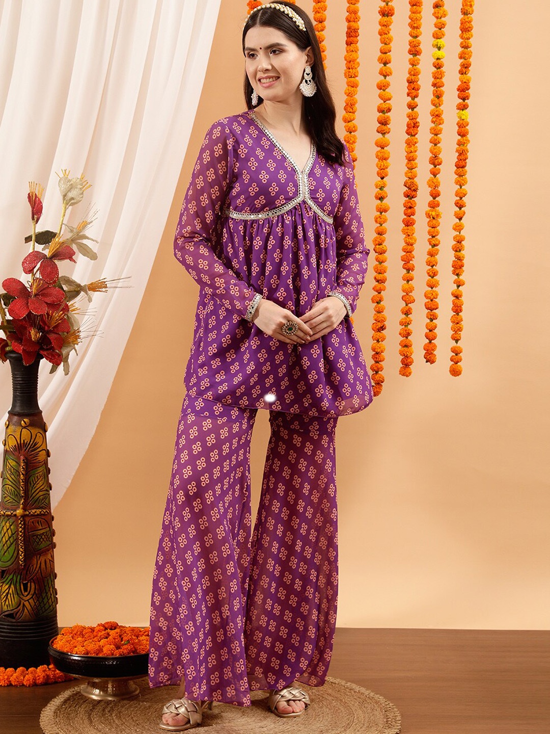 

indo street Ethnic Motifs Printed V-Neck Empire Kurti with Sharara, Purple